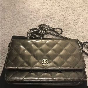 Chanel gray patent leather WOC